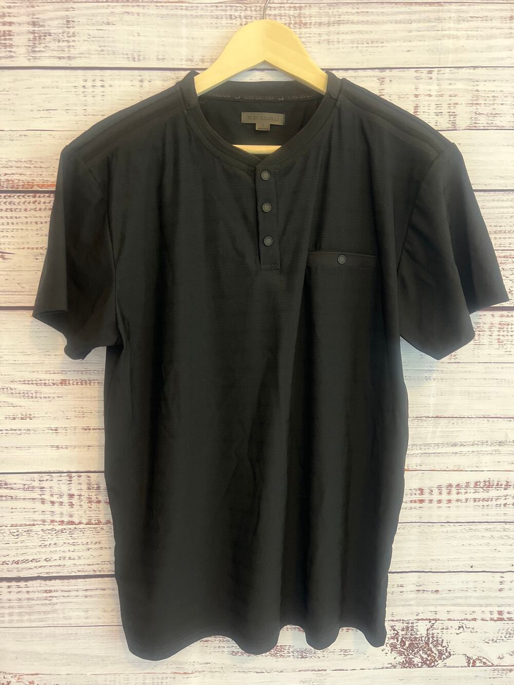 NICK DANGER MENS SHORT SLEEVE HENLEY SHIRT BLACK WAFFLE PATTERN SIZE LARGE